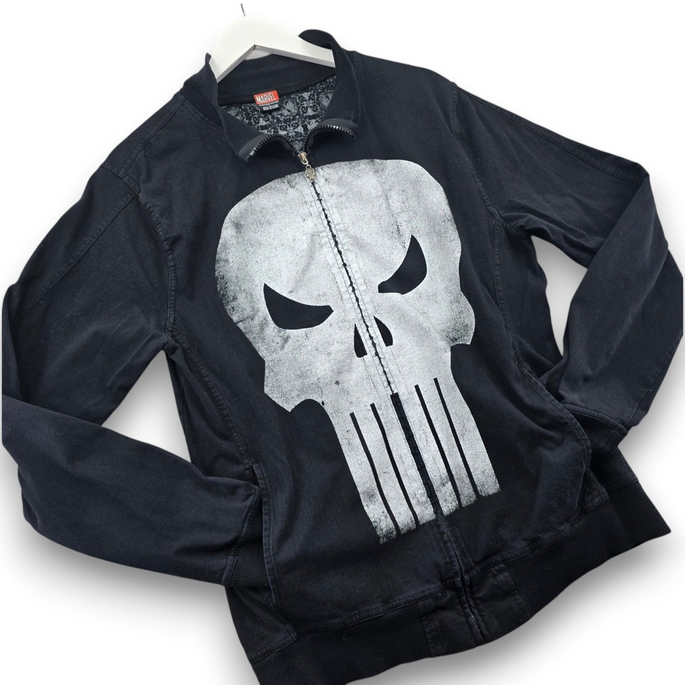 Marvel Punisher Jacket Mens Large Black Cotton Skull Graphic Full Zip BioWorld